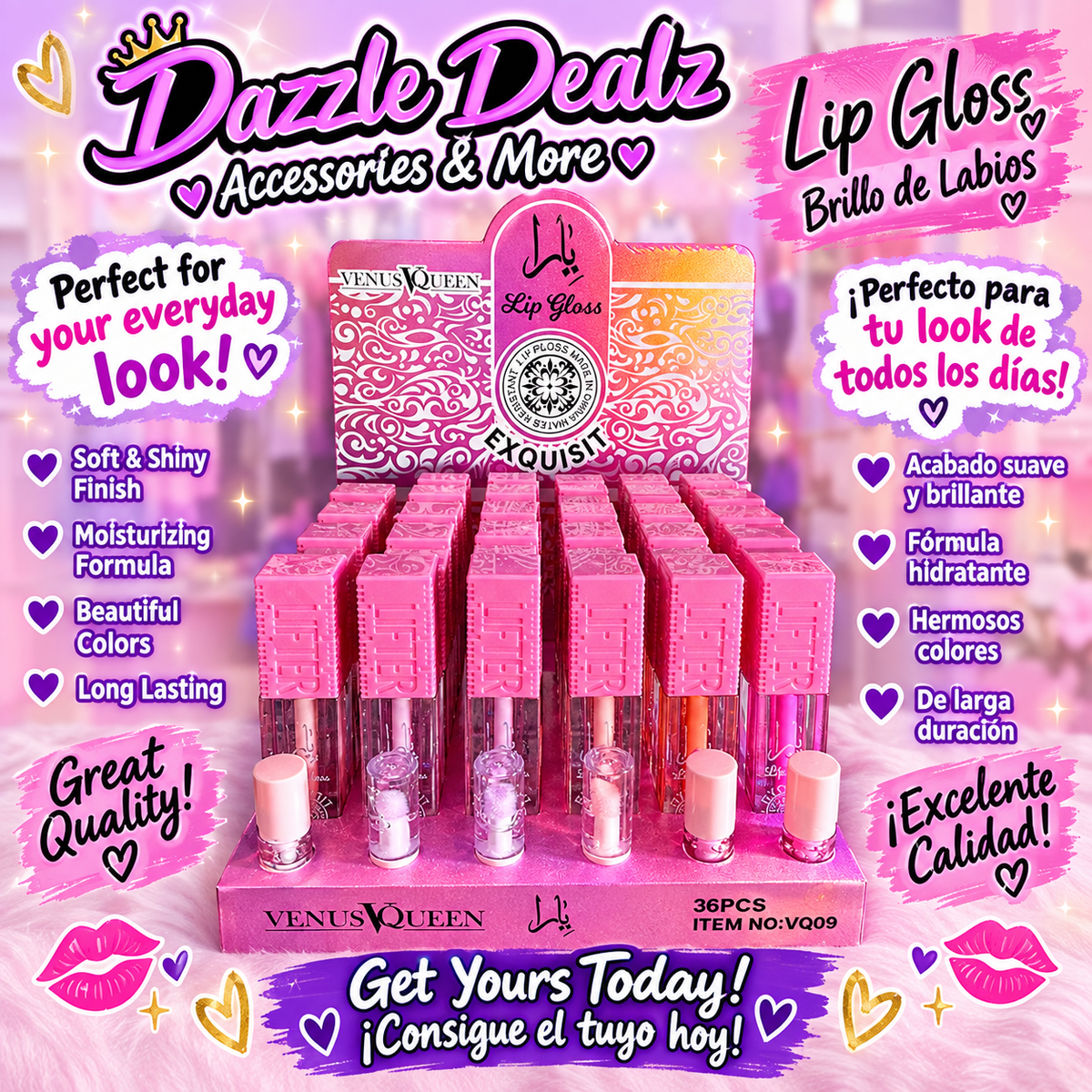 Venus Queen Lip Gloss display with 36 pieces in pink packaging