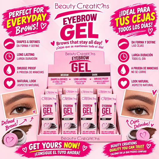 Beauty Creations Eyebrow Gel display in Medium and Dark shades with gel pot and brush