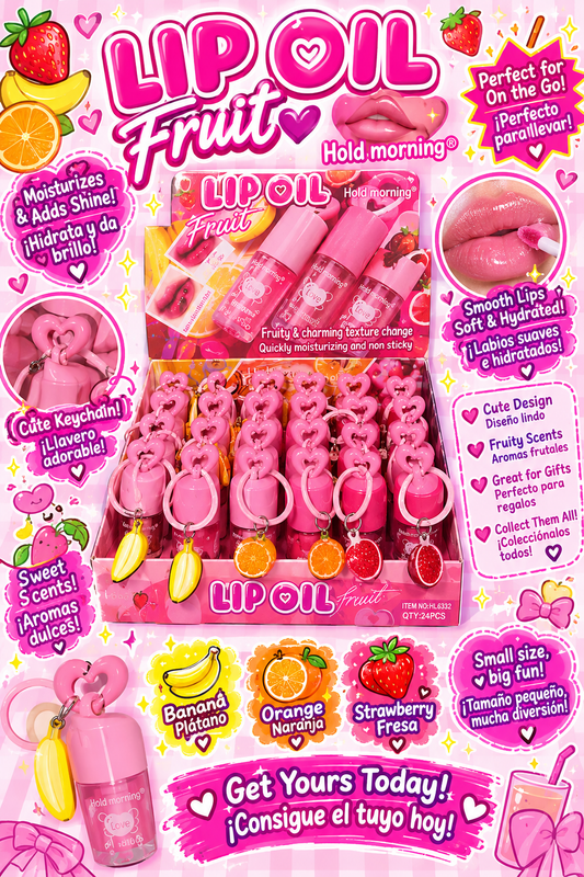 Hold Morning Fruit Lip Oil Keychain display with 24 pieces in Strawberry, Orange and Banana scents