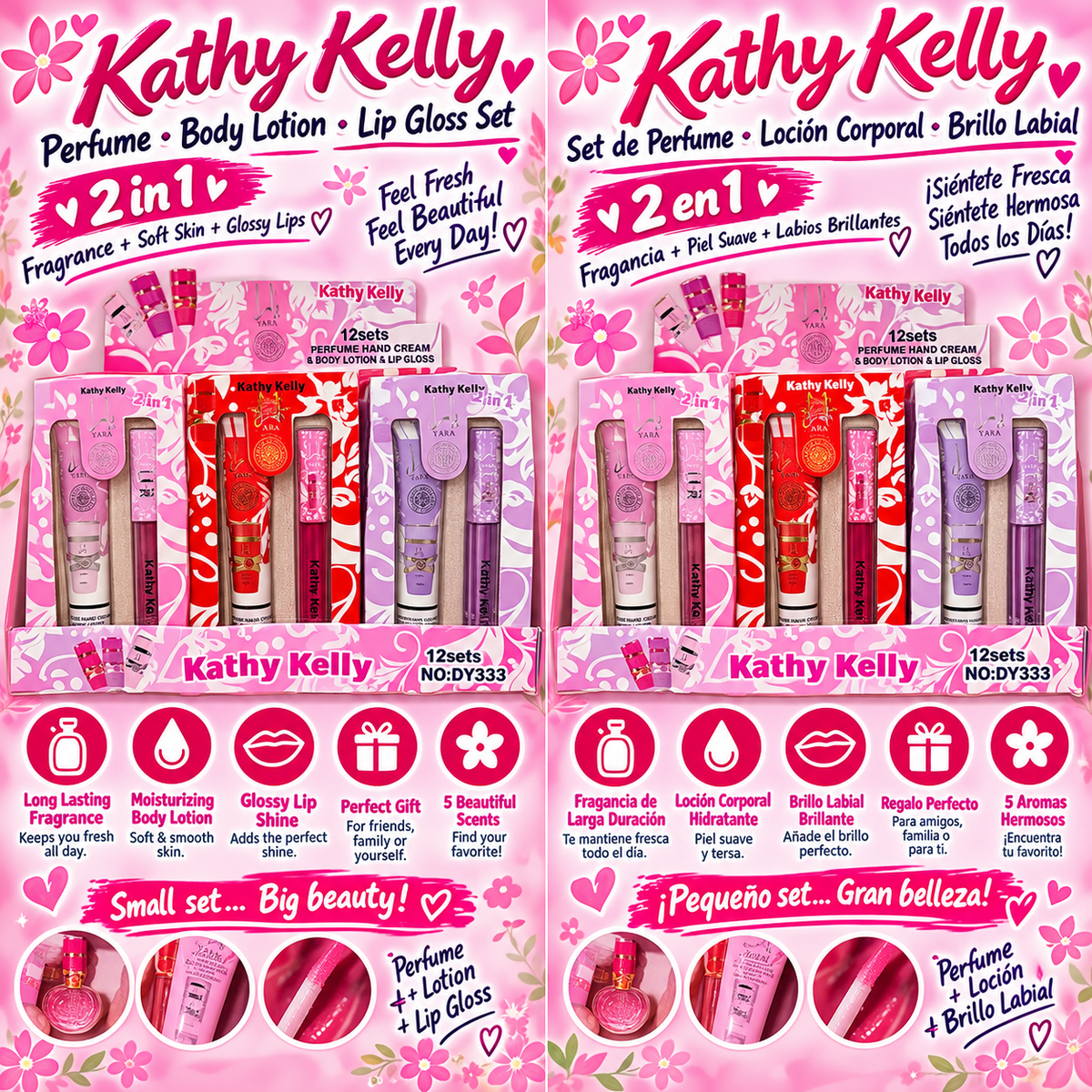 Kathy Kelly 2-in-1 Perfume Body Lotion and Lip Gloss Set display with 12 sets in pink floral packaging
