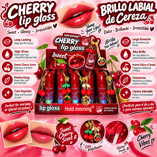 Hold Morning Cherry Lip Gloss display with 24 pieces and cherry keychain charms