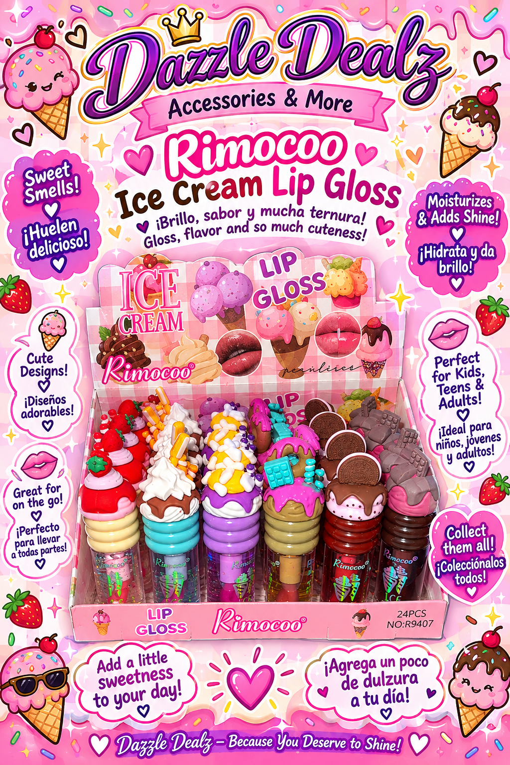 Rimocoo Ice Cream Lip Gloss with 3D Topper